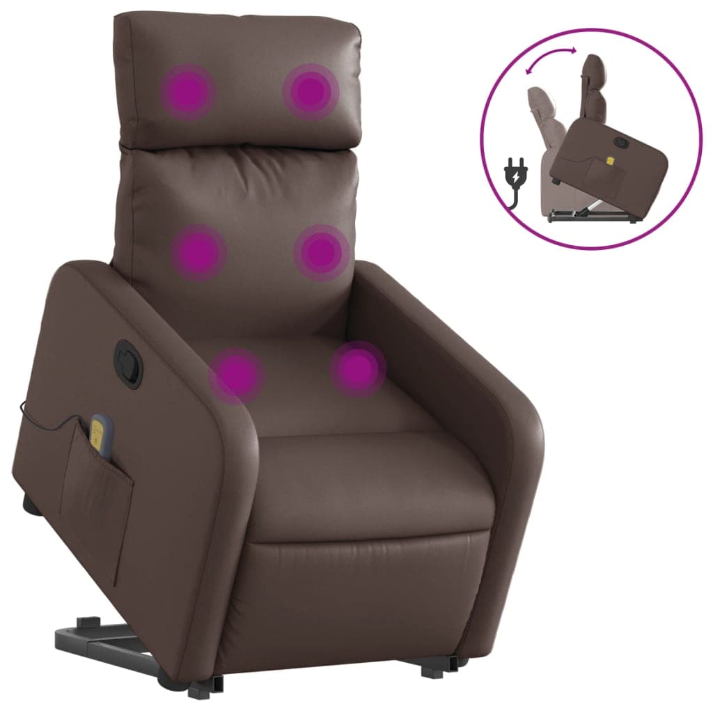 vidaXL Poltrona massagens reclinável elevatória couro artif. castanho