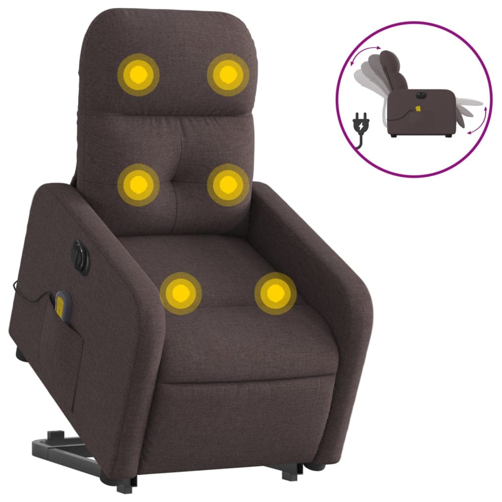 vidaXL Poltrona elétrica elevatória massagens tecido castanho-escuro