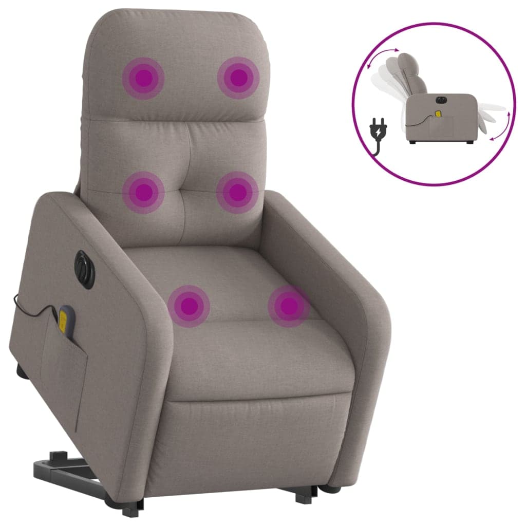 vidaXL Poltrona elétrica elevatória massagens tecido cinza-acastanhado