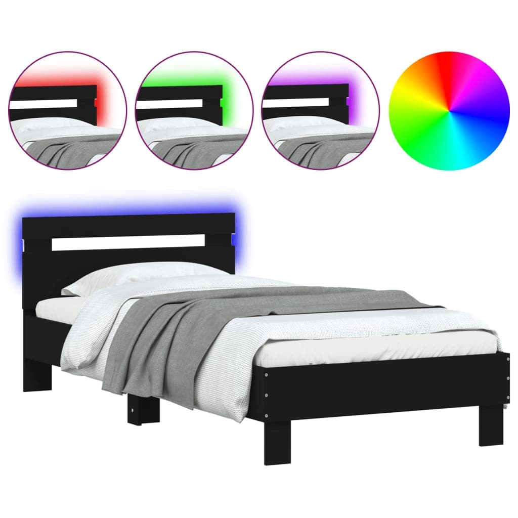 vidaXL Estrutura de Cama com Cabeceira e Luzes led 90x200 cm Preto - 3331062505