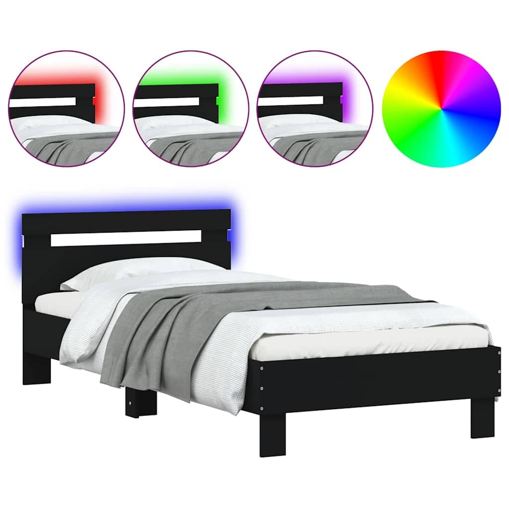 vidaXL Estrutura de Cama com Cabeceira e Luzes led 75x190 cm Preto - 1015261774