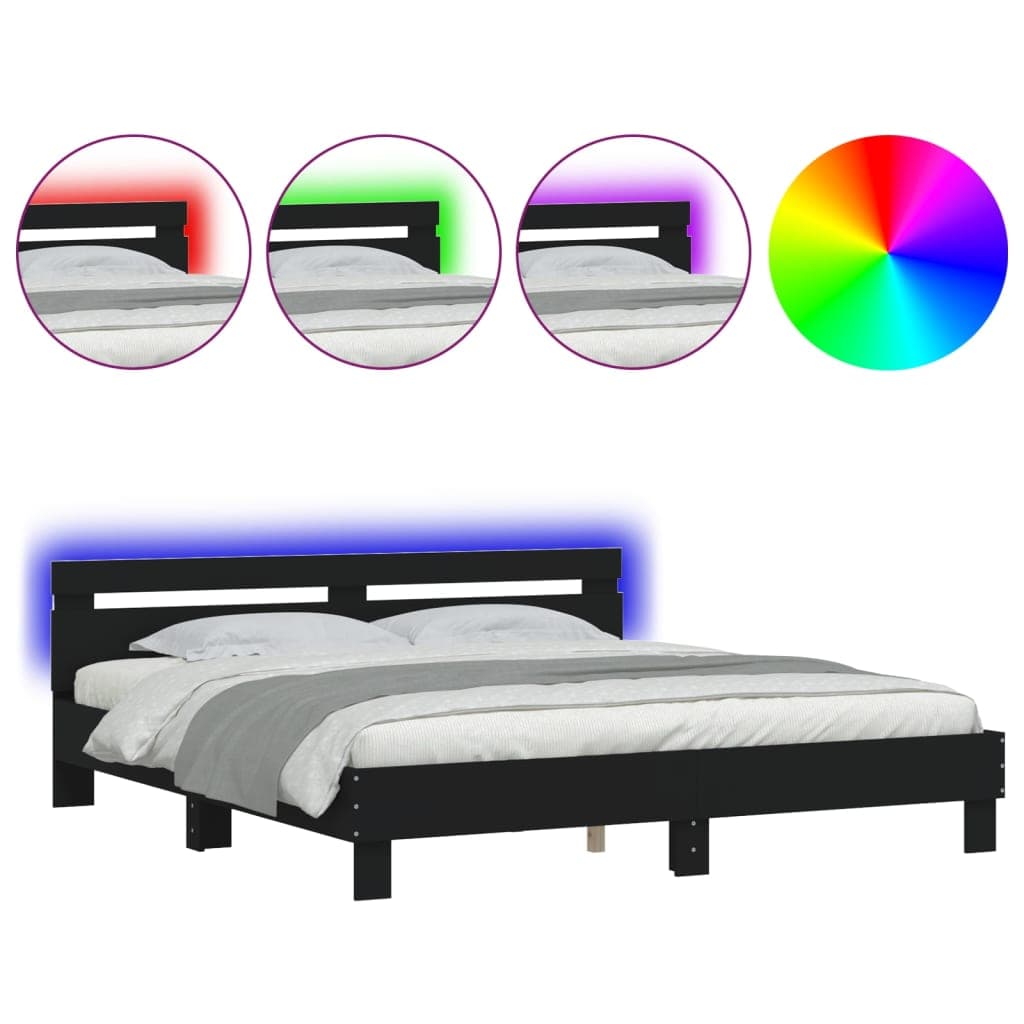 vidaXL Estrutura de Cama com Cabeceira e Luzes led 160x200 cm Preto - 932695994