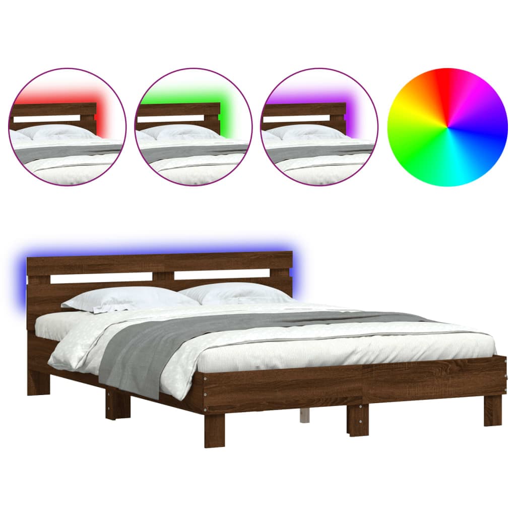 vidaXL Estrutura cama cabeceira/luzes LED 150x200 cm carvalho castanho