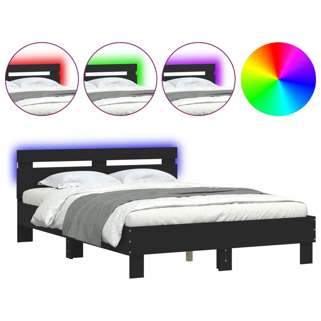 vidaXL Estrutura de cama com cabeceira e luzes LED 135x190 cm preto