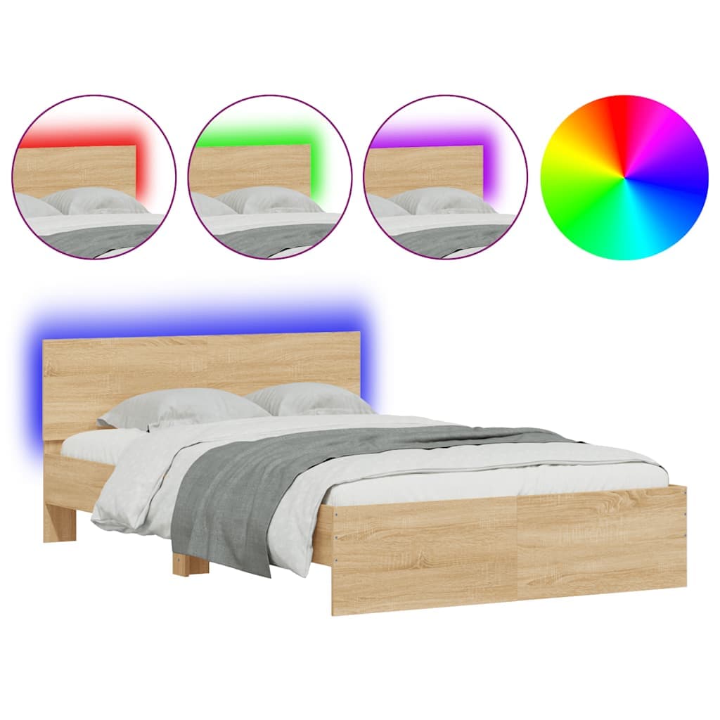 vidaXL Estrutura cama c/ cabeceira/luzes LED 135x190cm carvalho sonoma
