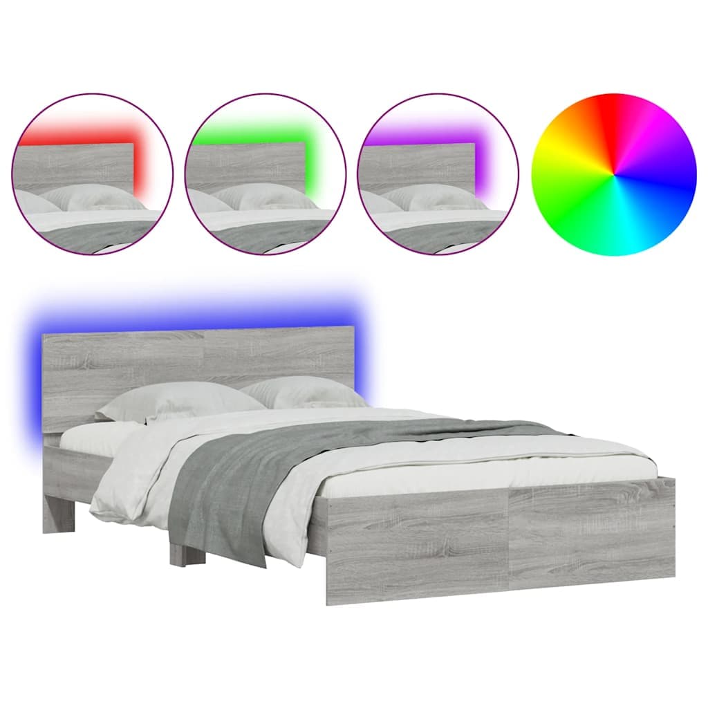 vidaXL Estrutura cama c/ cabeceira/luzes LED 135x190cm cinzento sonoma