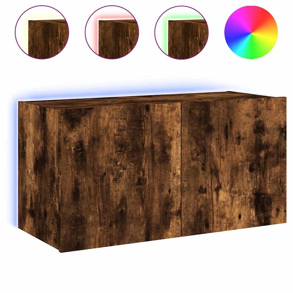 vidaXL Móvel de parede p/ TV c/ luzes LED 80x35x41 cm carvalho fumado