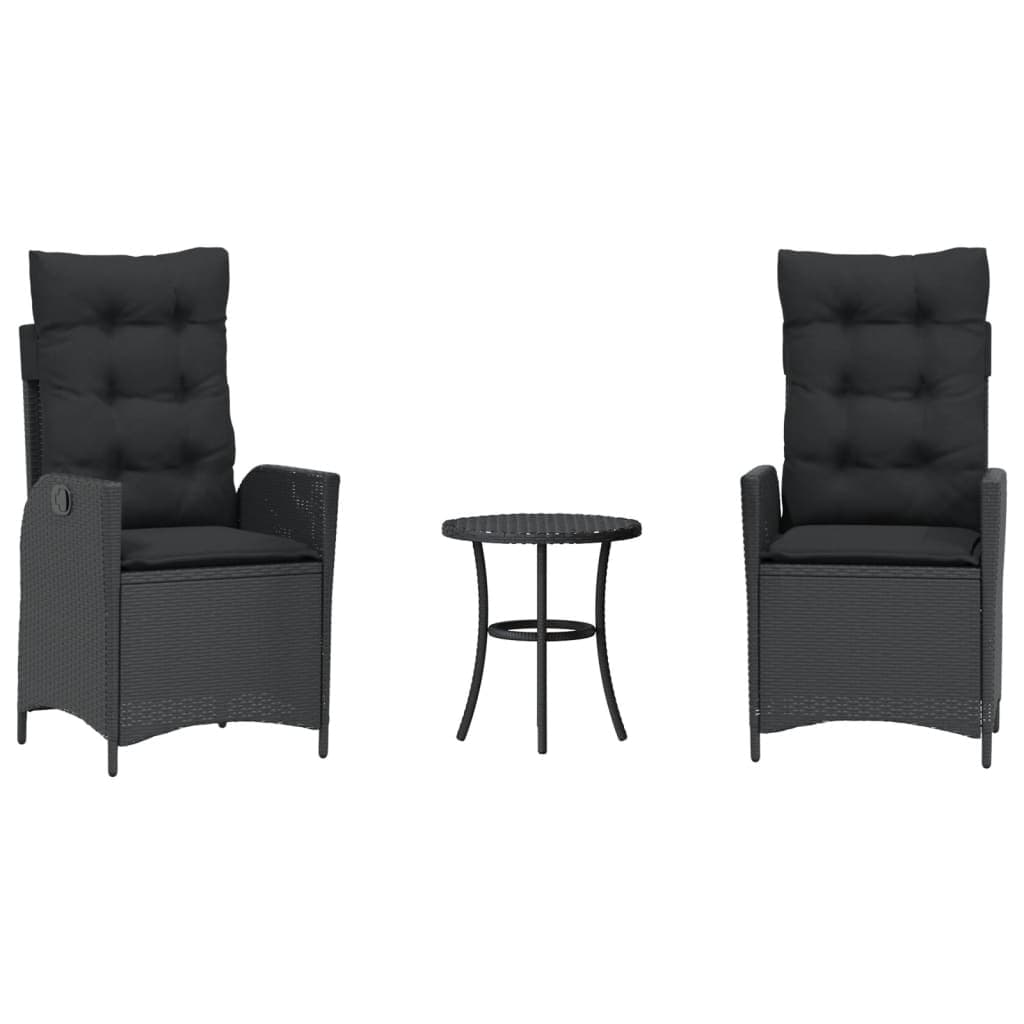 vidaXL 3 pcs conjunto de bistrô com almofadões vime PE preto