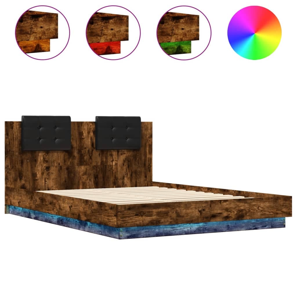 vidaXL Estrutura cama c/ cabeceira/luzes LED 120x200cm carvalho fumado