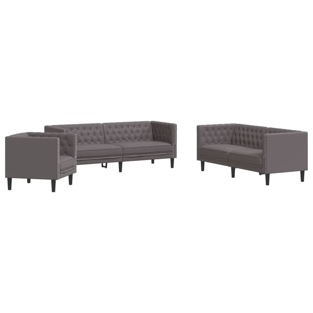 vidaXL 3 pcs conjunto de sofás chesterfield couro artificial cinzento