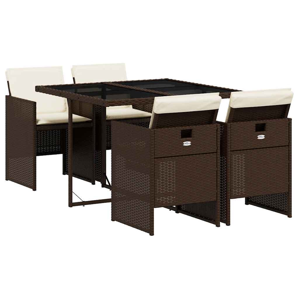 vidaXL 5 pcs conjunto jantar p/ jardim c/ almofadões vime PE castanho