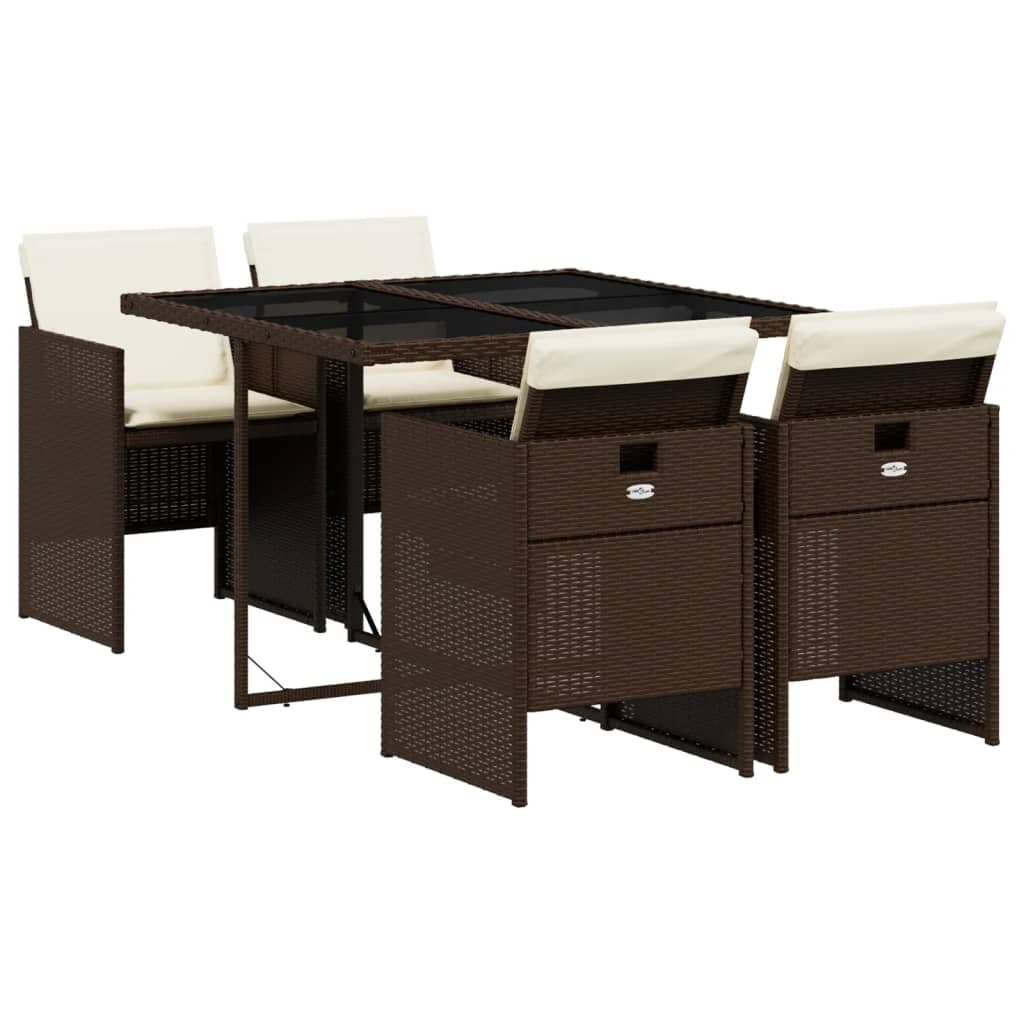vidaXL 5 pcs conjunto jantar p/ jardim c/ almofadões vime PE castanho
