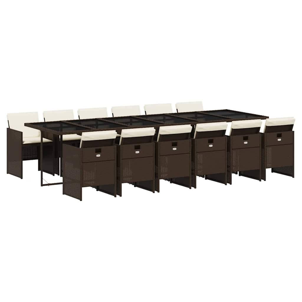 vidaXL 13 pcs conjunto jantar p/ jardim c/ almofadões vime PE castanho