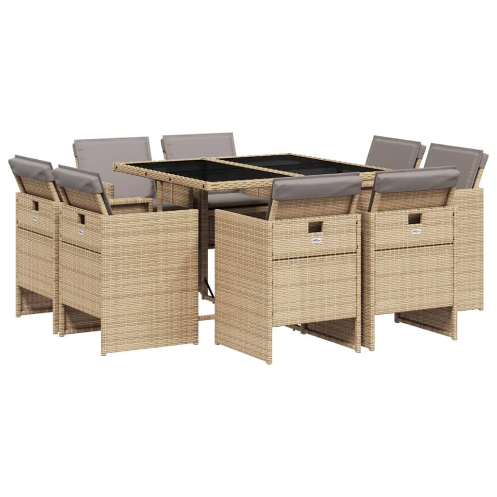 vidaXL 9 pcs conj. jantar jardim c/ almofadões vime PE bege misturado