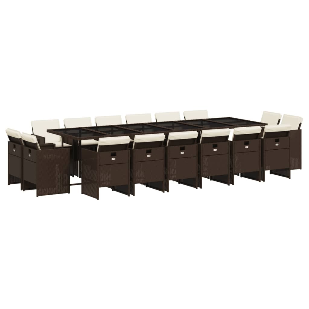 vidaXL 17 Peças Conjunto Jantar para Jardim com Almofadões Vime Pe Castanho - 1458240555