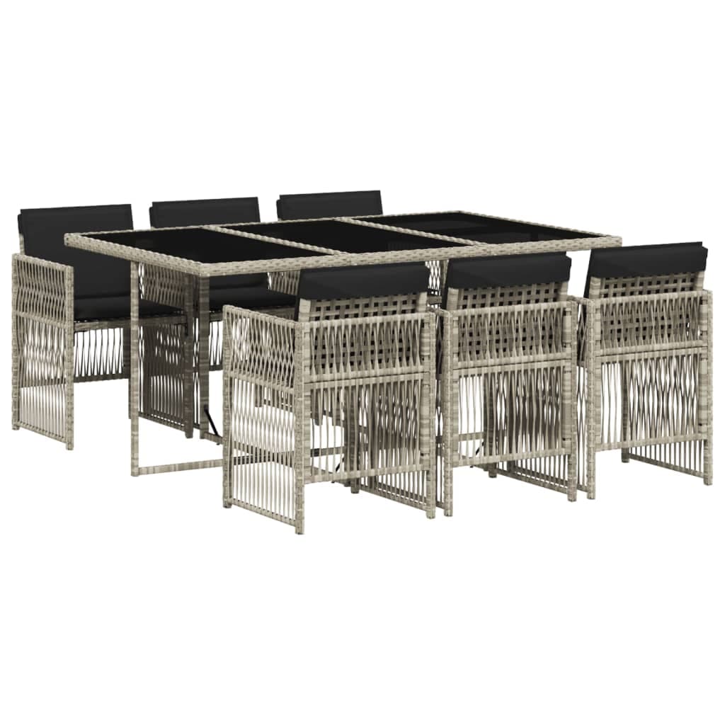 vidaXL 7 pcs conj. jantar p/ jardim c/ almofadões vime PE cinza-claro