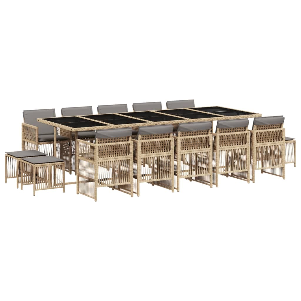 vidaXL 15 Peças Conjunto Jantar Jardim com Almofadões Vime Pe Bege Misturado - 348077010