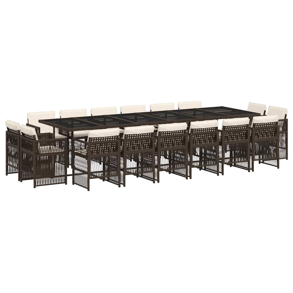 vidaXL 17 Peças Conjunto Jantar para Jardim com Almofadões Vime Pe Castanho - 3175295565