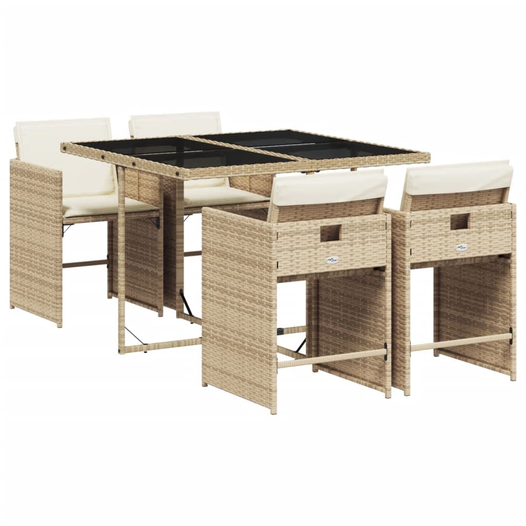 vidaXL 5 Peças Conjunto de Jantar para Jardim com Almofadões Vime Pe Bege - 3672729521