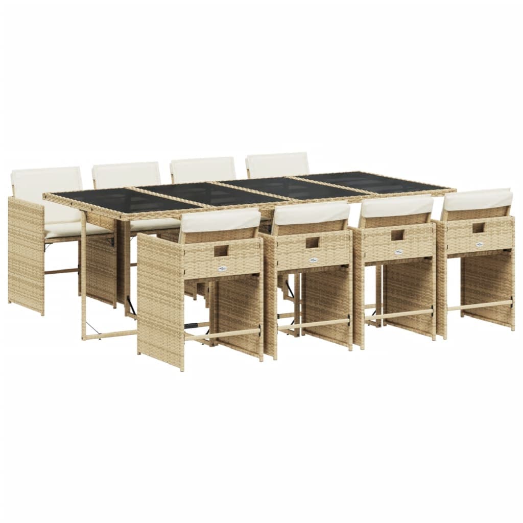 vidaXL 9 Peças Conjunto de Jantar para Jardim com Almofadões Vime Pe Bege - 1958703711