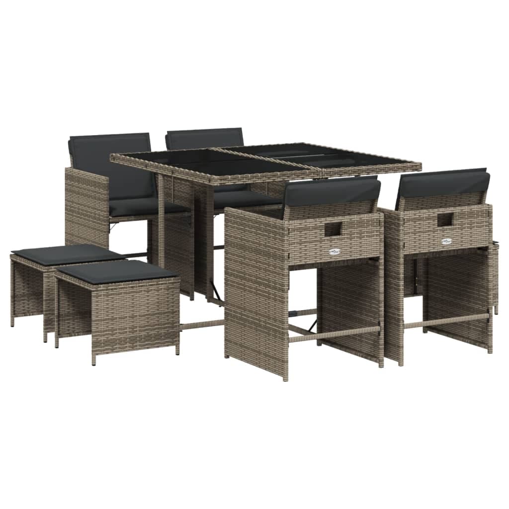 vidaXL 9 Peças Conjunto de Jantar para Jardim com Almofadões Vime Pe Cinza - 1493165445