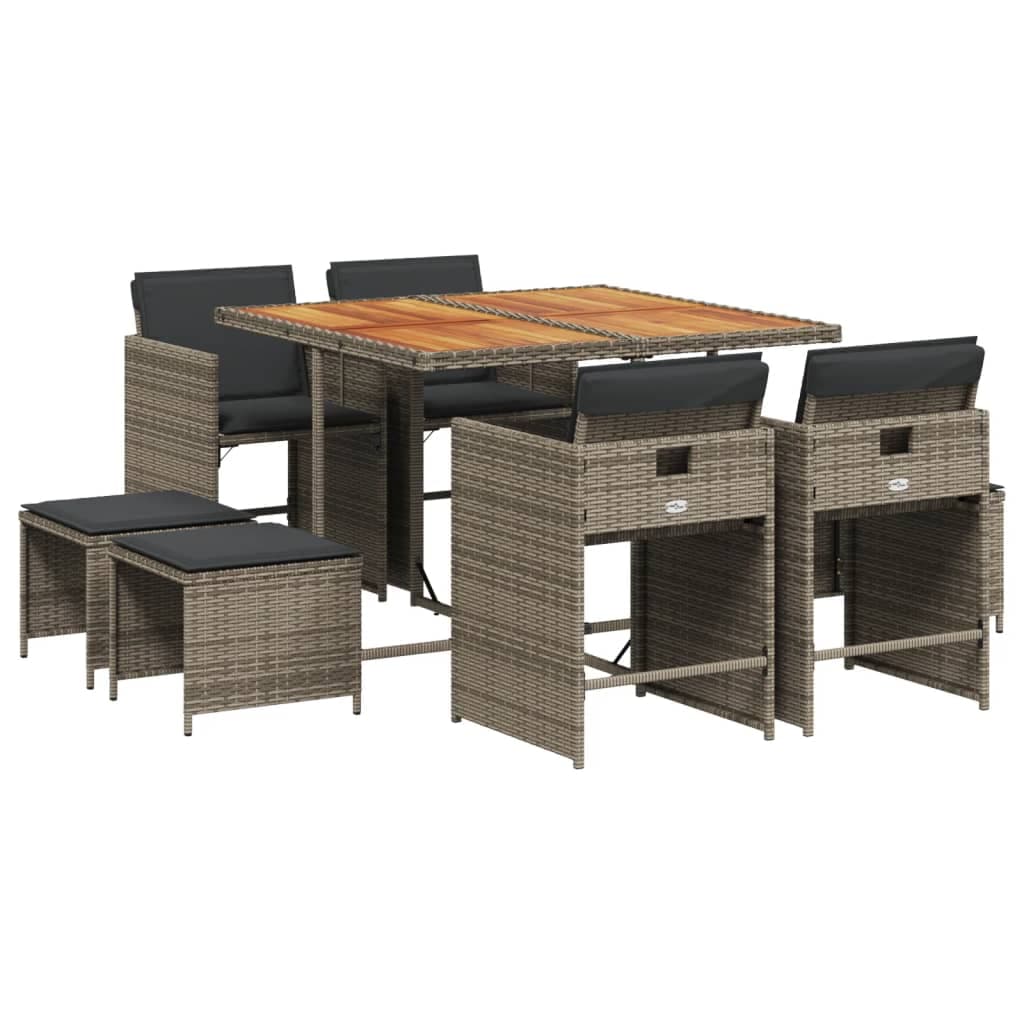 vidaXL 9 Peças Conjunto de Jantar para Jardim com Almofadões Vime Pe Cinza - 282310491
