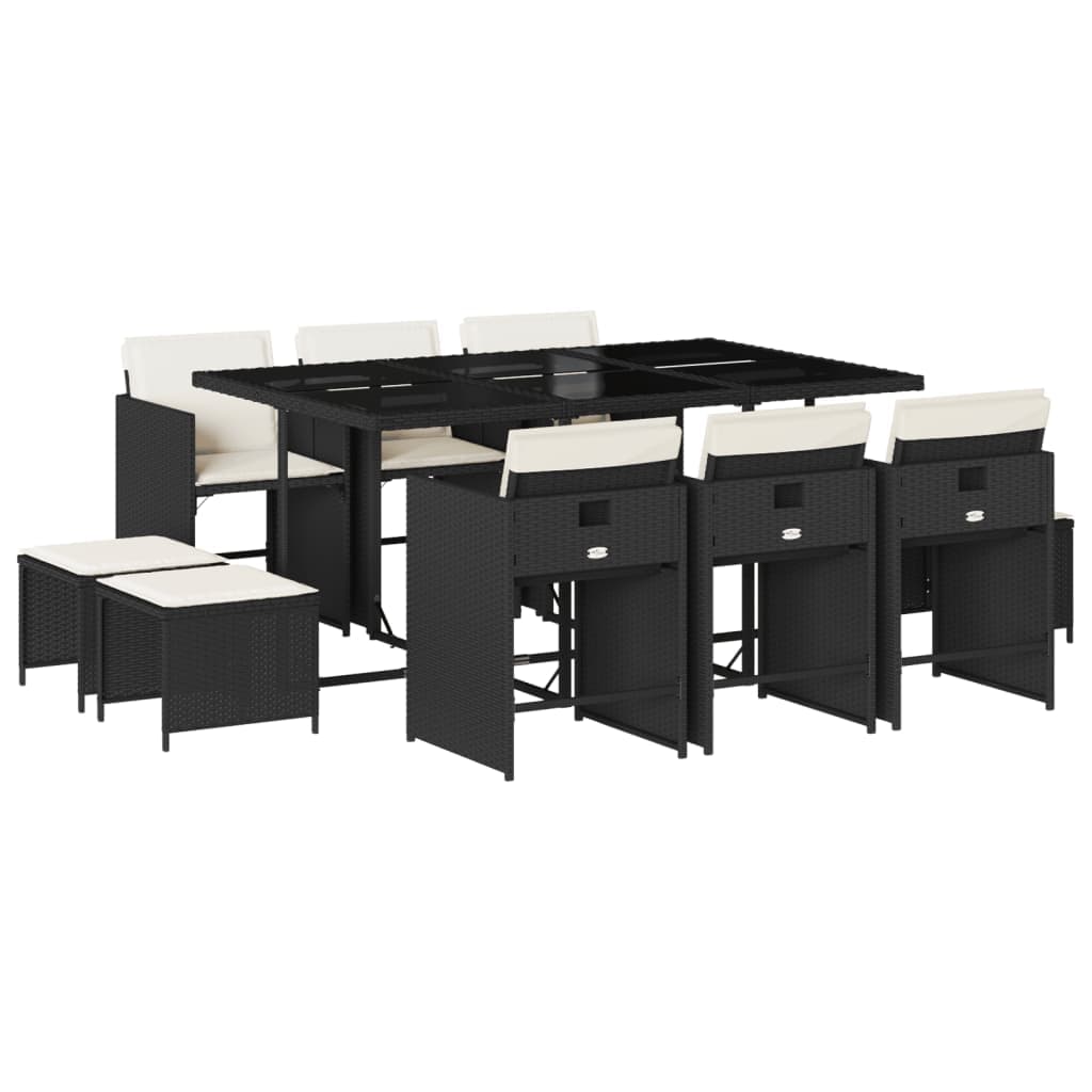 vidaXL 11 pcs conjunto de jantar p/ jardim c/ almofadões vime PE preto