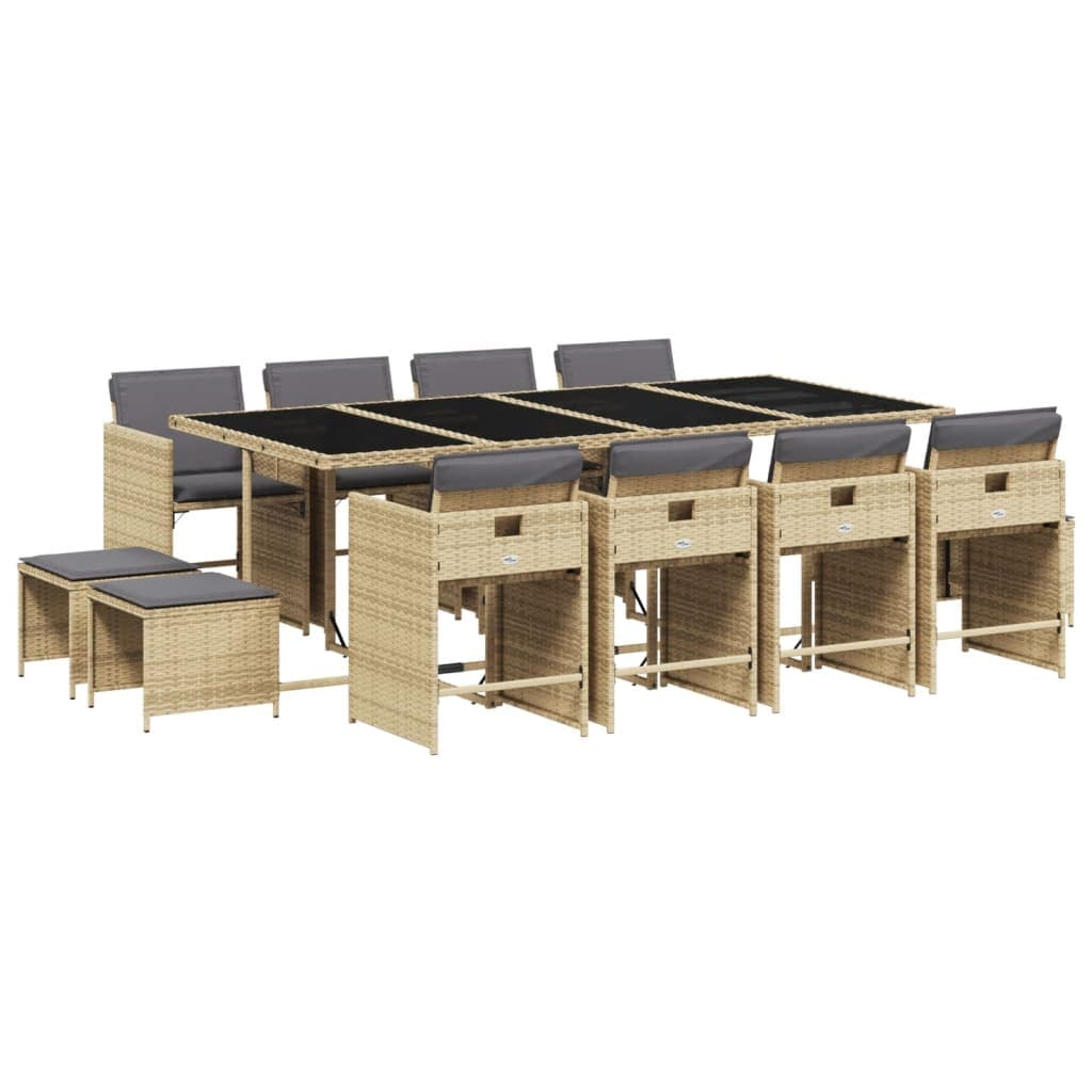 vidaXL 13 Peças Conjunto Jantar Jardim com Almofadões Vime Pe Bege Misturado - 3414585580