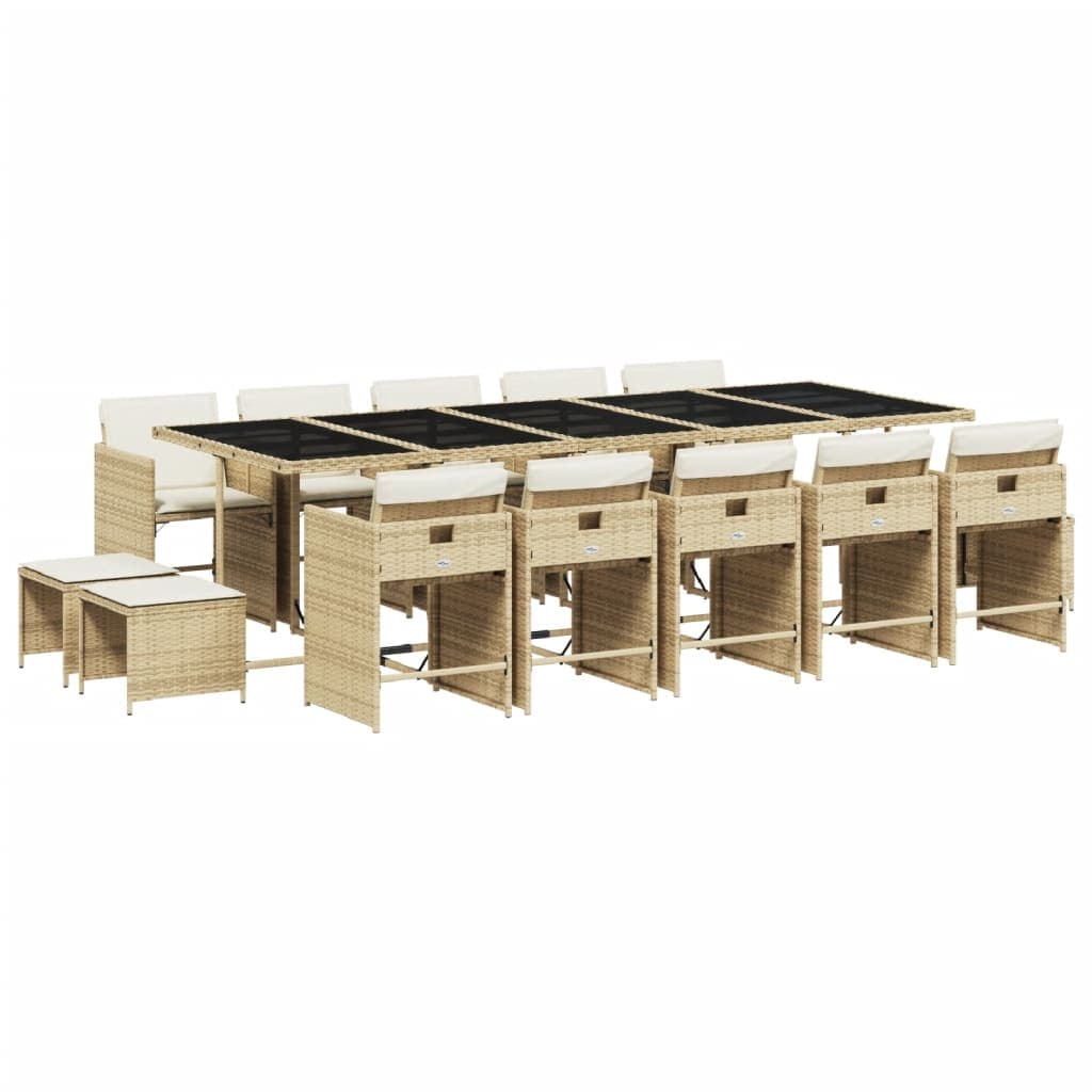 vidaXL 15 Peças Conjunto de Jantar para Jardim com Almofadões Vime Pe Bege - 3533521325
