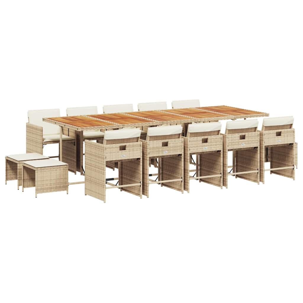 vidaXL 15 Peças Conjunto de Jantar para Jardim com Almofadões Vime Pe Bege - 1382586747