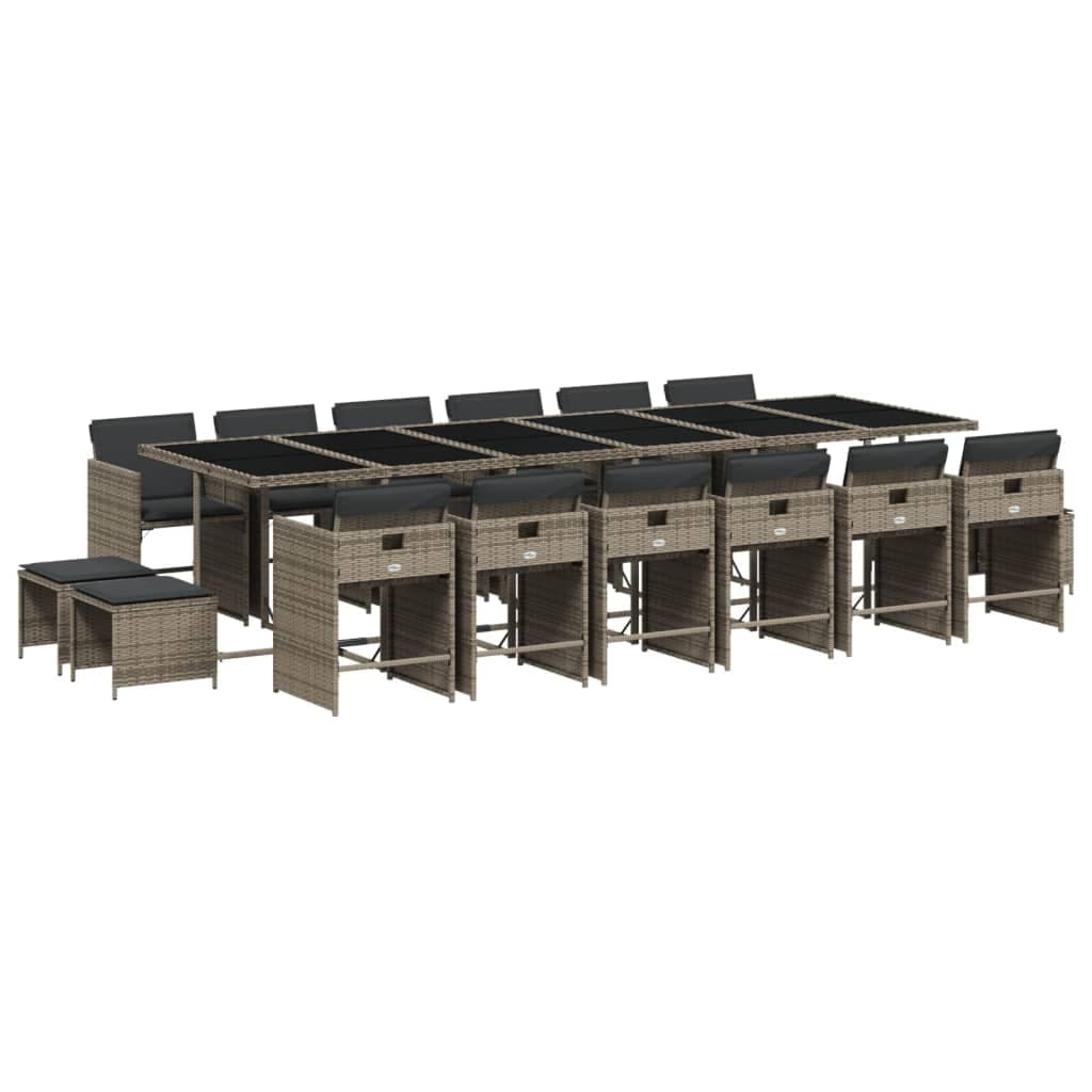 vidaXL 17 Peças Conjunto de Jantar para Jardim com Almofadões Vime Pe Cinza - 1426414946