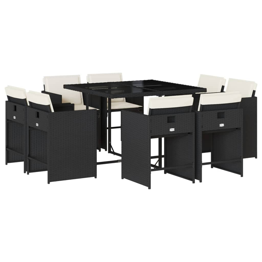 vidaXL 9 Peças Conjunto de Jantar para Jardim com Almofadões Vime Pe Preto - 1277062179