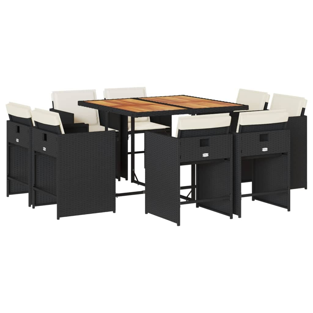 vidaXL 9 pcs conjunto de jantar p/ jardim c/ almofadões vime PE preto
