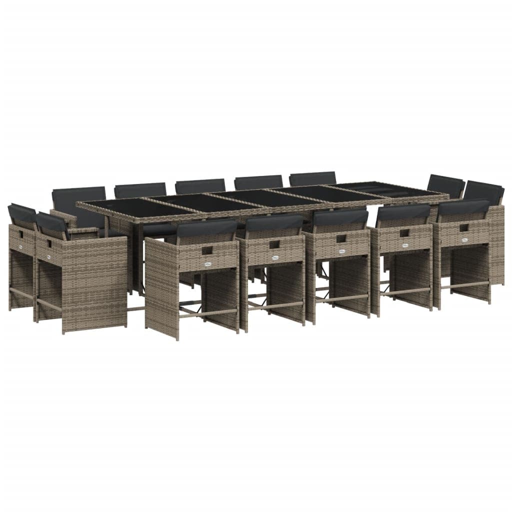vidaXL 15 Peças Conjunto Jantar para Jardim com Almofadões Vime Pe Cinzento - 1574215621