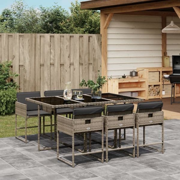 vidaXL 7 Peças Conjunto de Jantar para Jardim com Almofadões Vime Pe Cinza - 3228992158