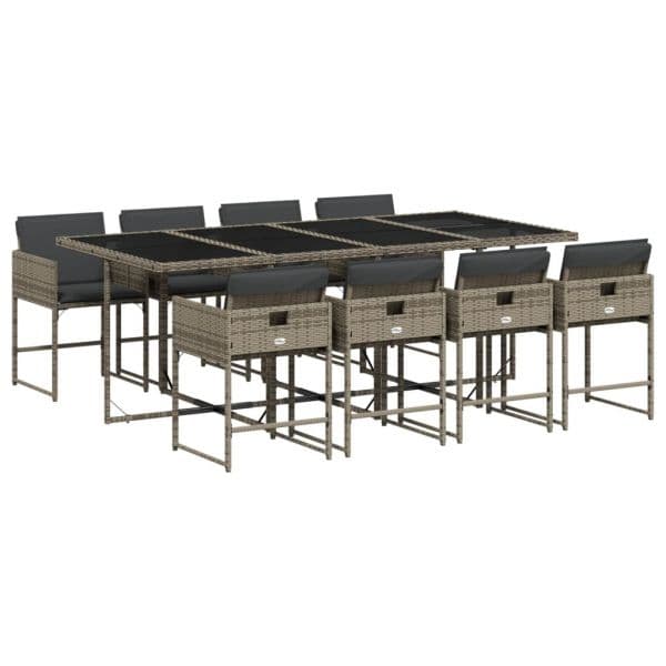 vidaXL 9 Peças Conjunto de Jantar para Jardim com Almofadões Vime Pe Cinza - 1345201954