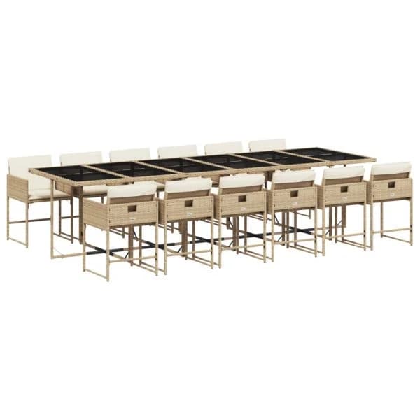 vidaXL 13 Peças Conjunto de Jantar para Jardim com Almofadões Vime Pe Bege - 1884709416