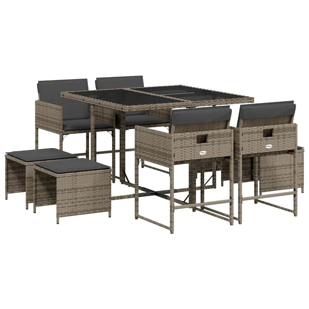 vidaXL 9 pcs conjunto de jantar p/ jardim c/ almofadões vime PE cinza