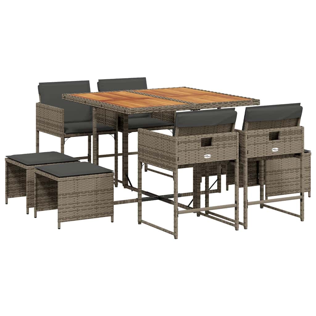 vidaXL 9 Peças Conjunto de Jantar para Jardim com Almofadões Vime Pe Cinza - 1158530227