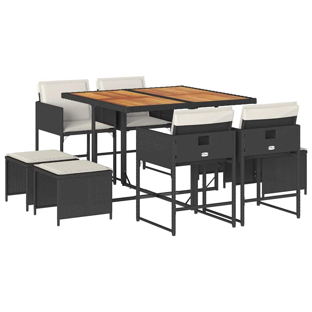 vidaXL 9 Peças Conjunto de Jantar para Jardim com Almofadões Vime Pe Preto - 839578661