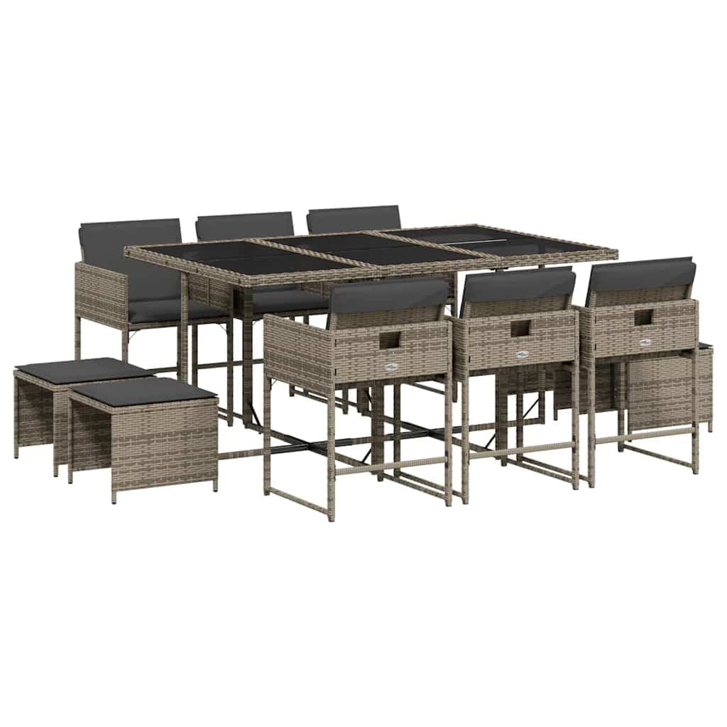 vidaXL 11 Peças Conjunto Jantar para Jardim com Almofadões Vime Pe Cinzento - 2782408109