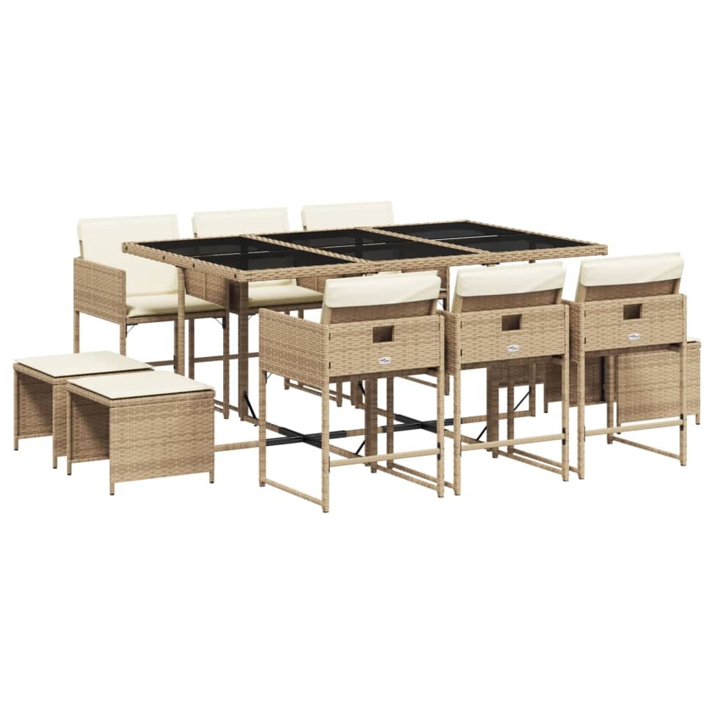 vidaXL 11 Peças Conjunto de Jantar para Jardim com Almofadões Vime Pe Bege - 2987955422