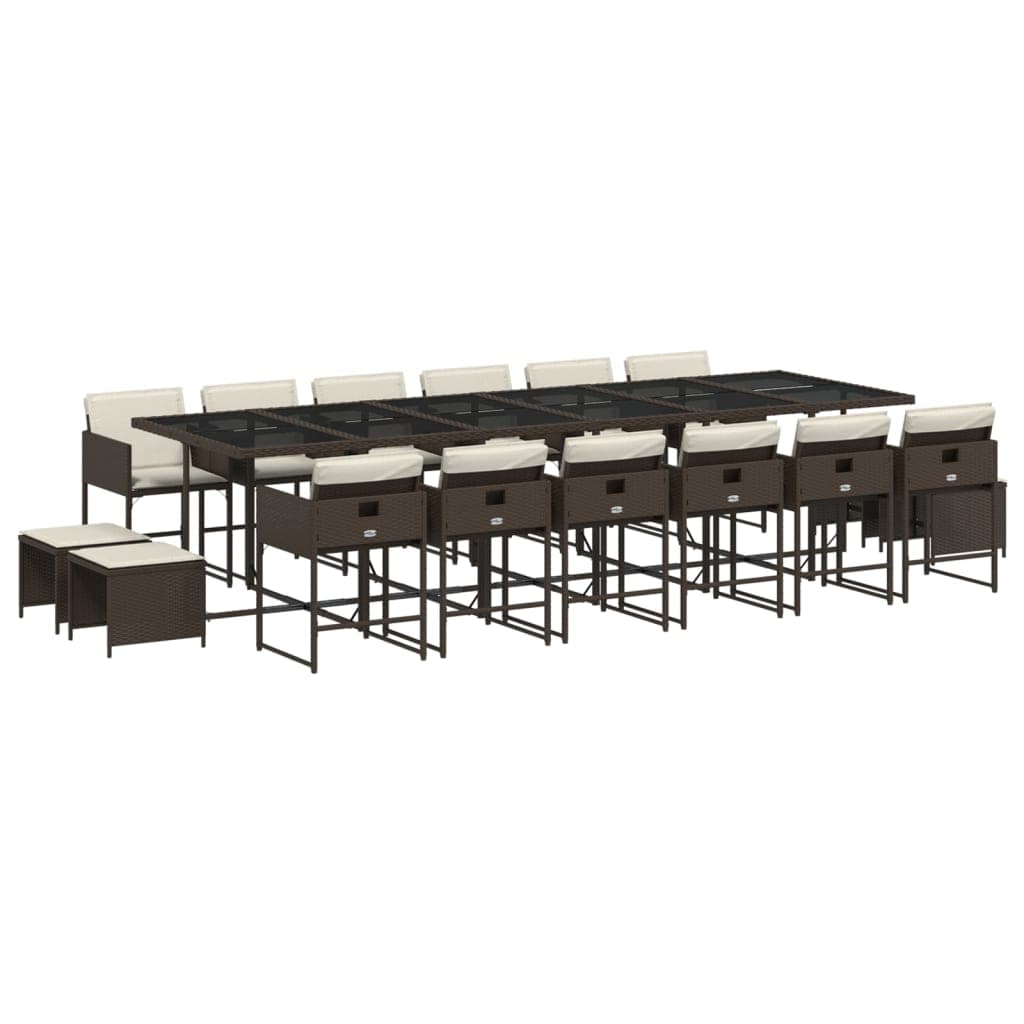 vidaXL 17 Peças Conjunto Jantar para Jardim com Almofadões Vime Pe Castanho - 3204813844
