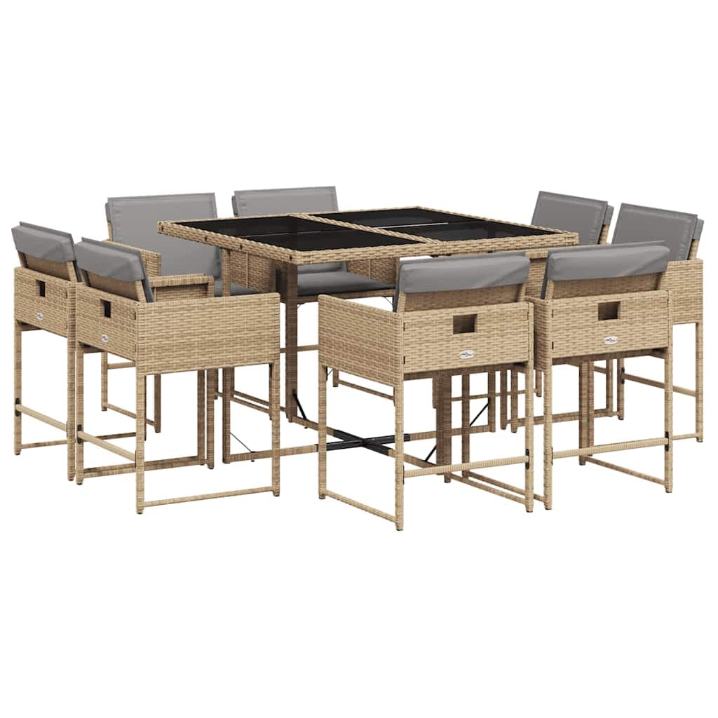 vidaXL 9 pcs conj. jantar jardim c/ almofadões vime PE bege misturado