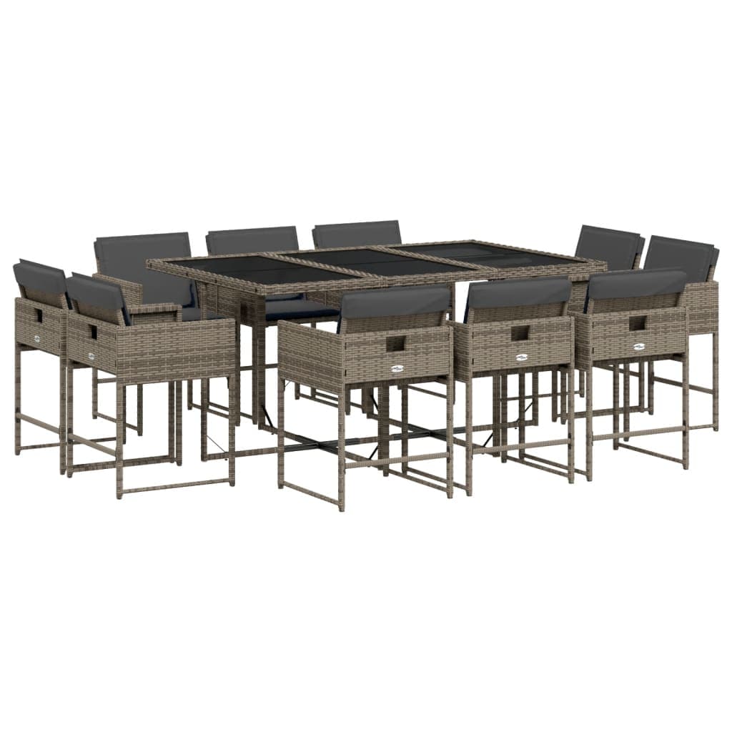 vidaXL 11 pcs conjunto jantar p/ jardim c/ almofadões vime PE cinzento