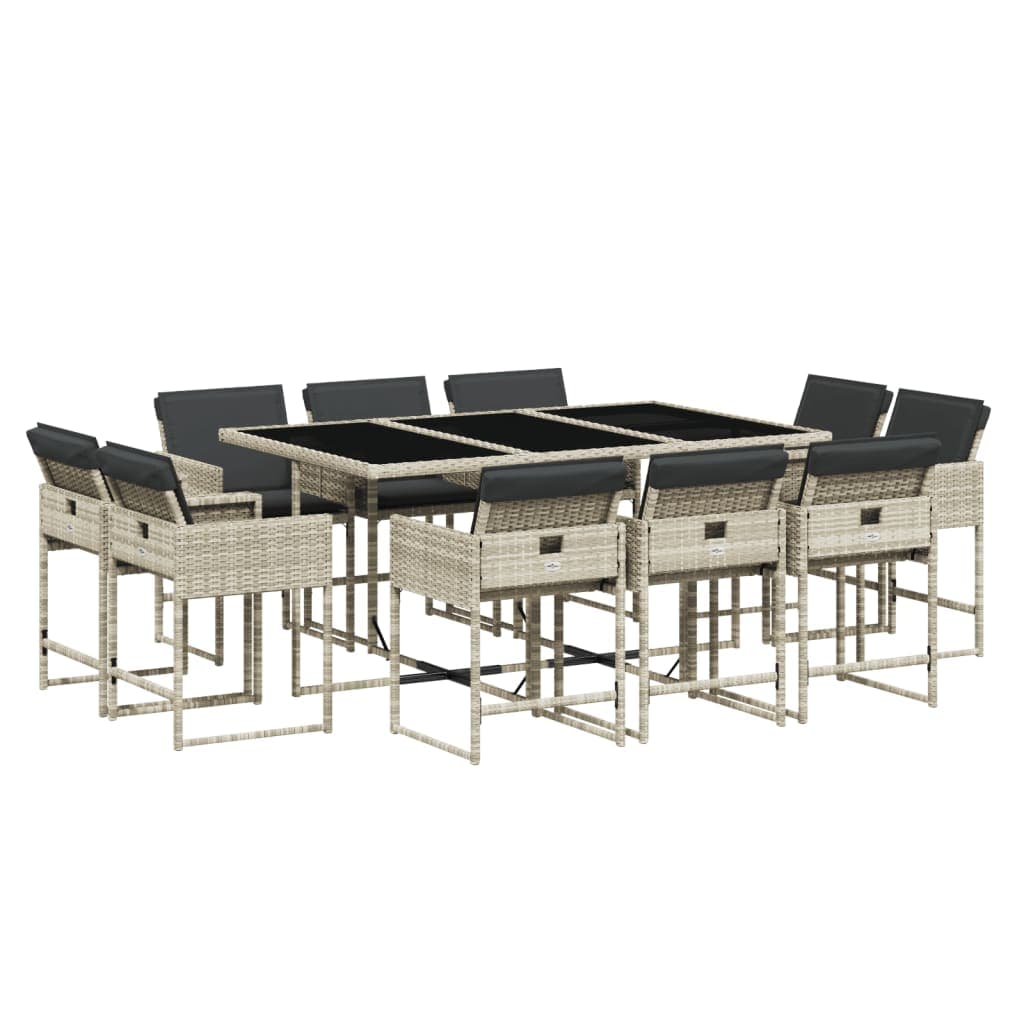 vidaXL 11 pcs conjunto jantar p/ jardim c/ almofadões vime PE cinzento