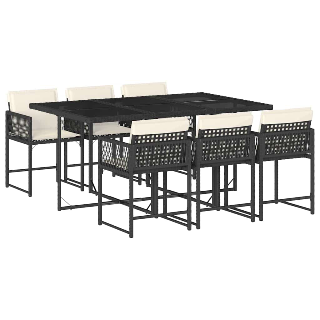vidaXL 7 pcs conjunto de jantar p/ jardim c/ almofadões vime PE preto