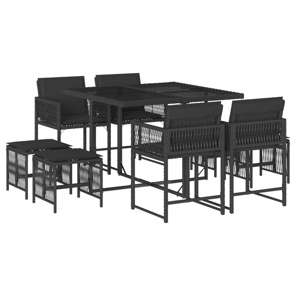 vidaXL 9 pcs conjunto de jantar p/ jardim c/ almofadões vime PE preto