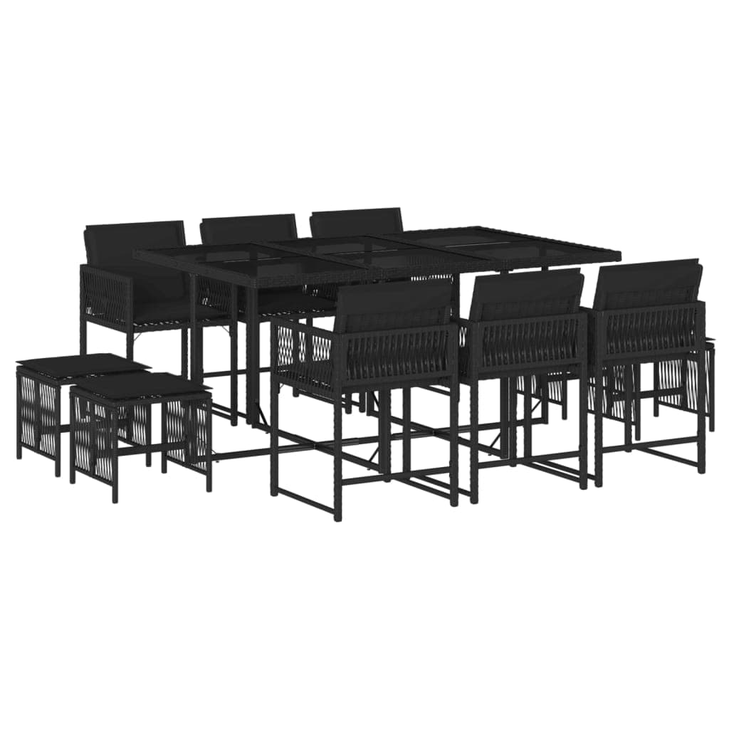 vidaXL 11 pcs conjunto de jantar p/ jardim c/ almofadões vime PE preto