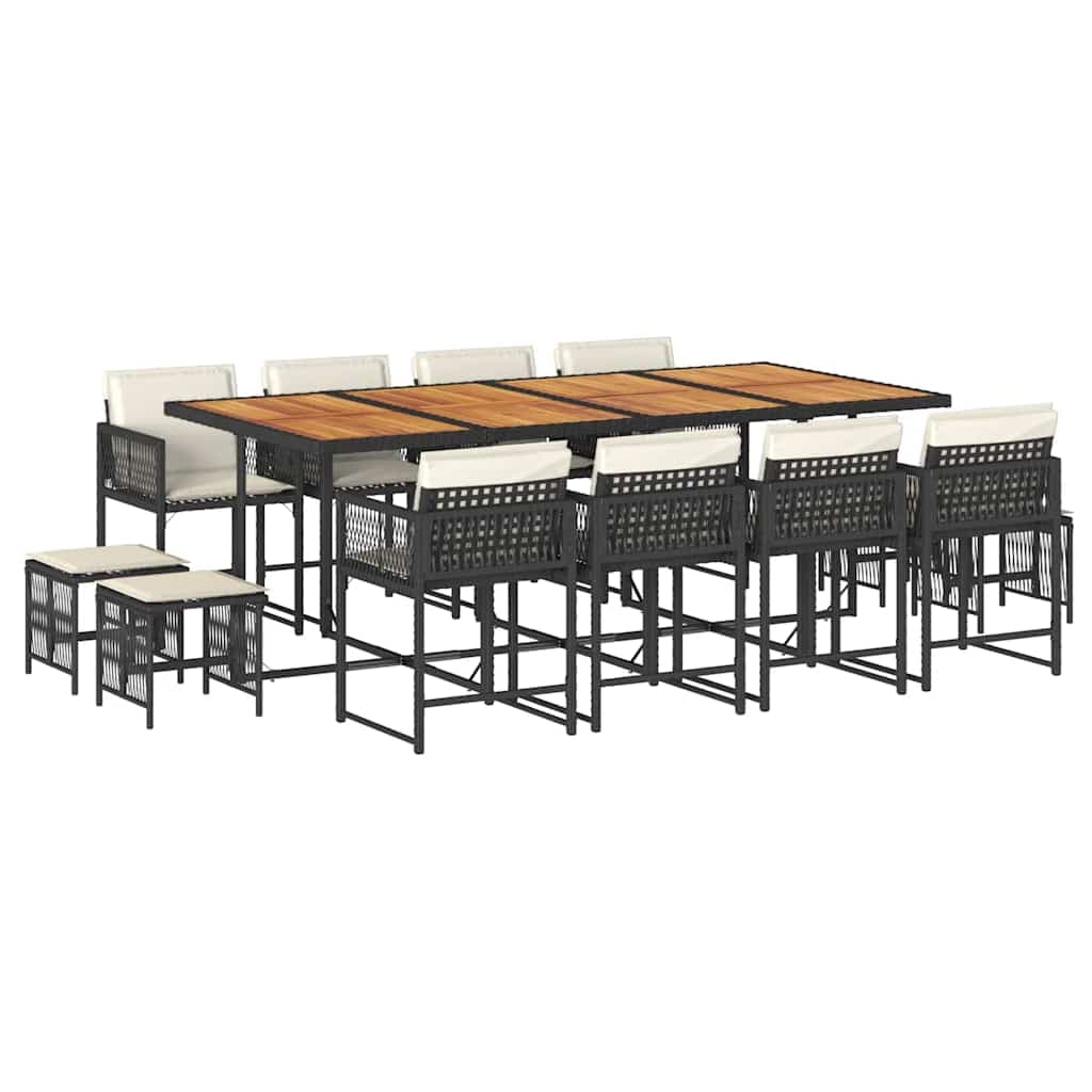 vidaXL 13 Peças Conjunto de Jantar P/jardim com Almofadões Vime Pe Preto - 837438606